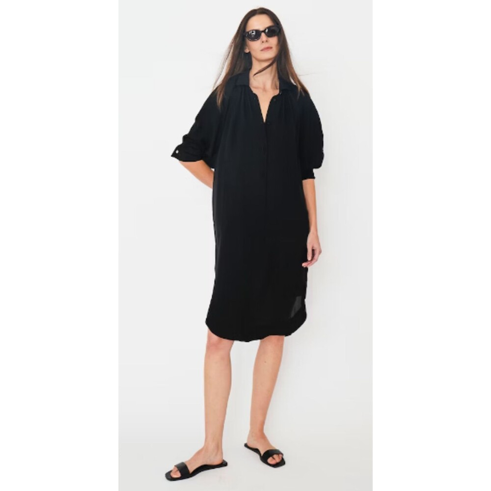 KULE Madrid Dress Womens Medium Black Silk Collared Button Front Shirt Midi